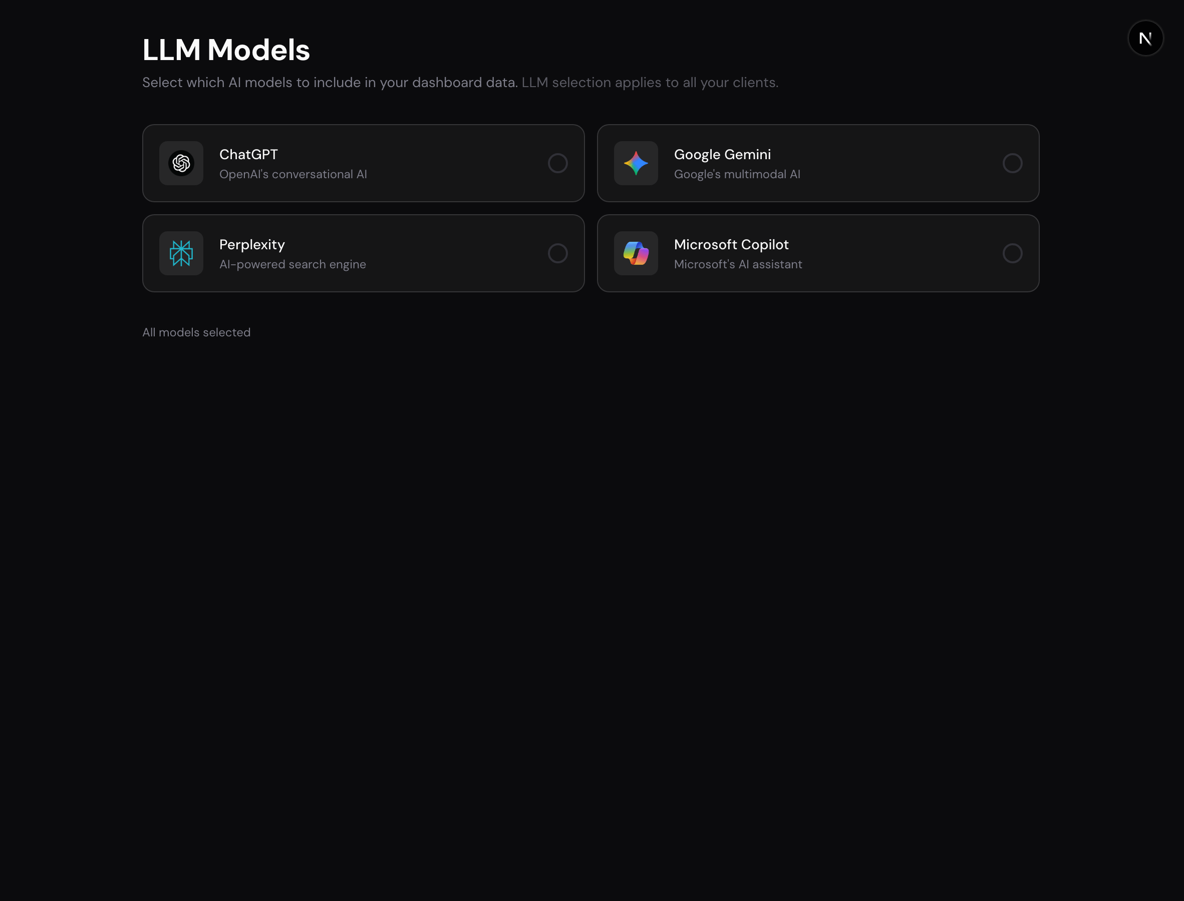 KI-Modelle Auswahl im Dashboard