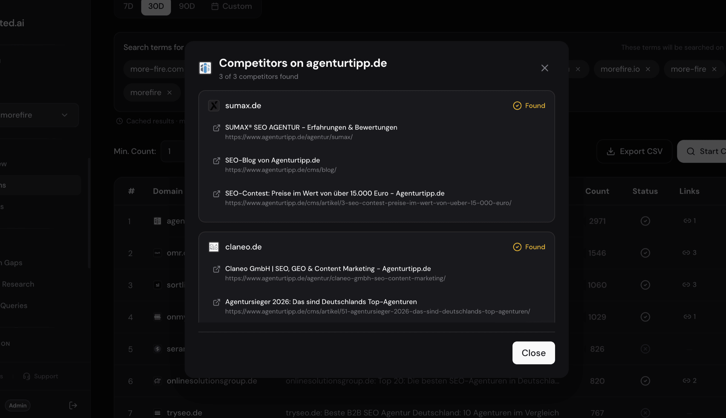 Competitor Mentions Dialog in der Citation-Tabelle