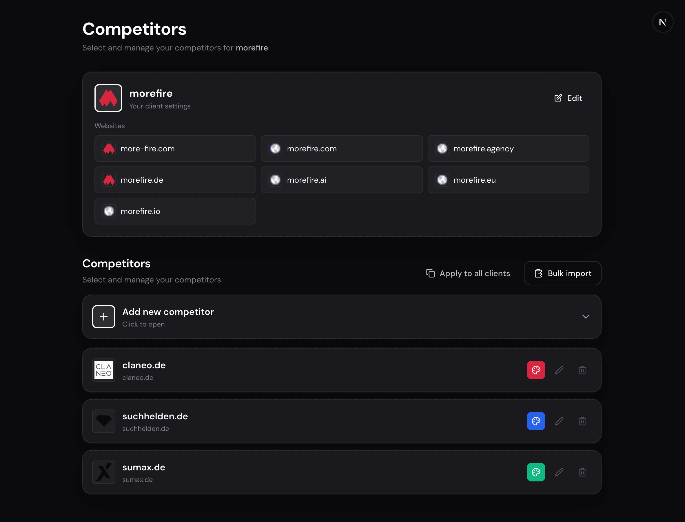 Competitors-Seite im Dashboard