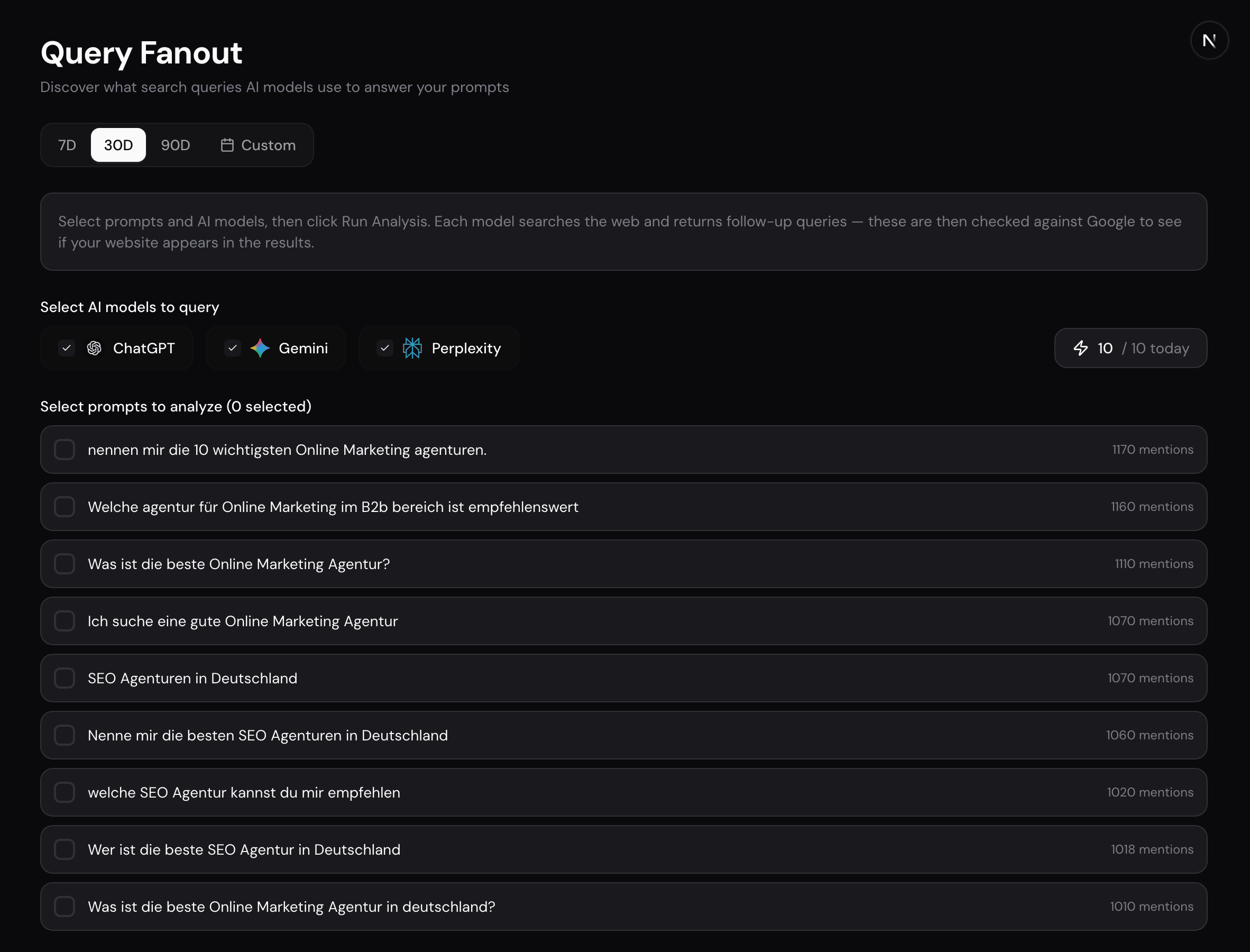 Fanout Queries Seite im Dashboard