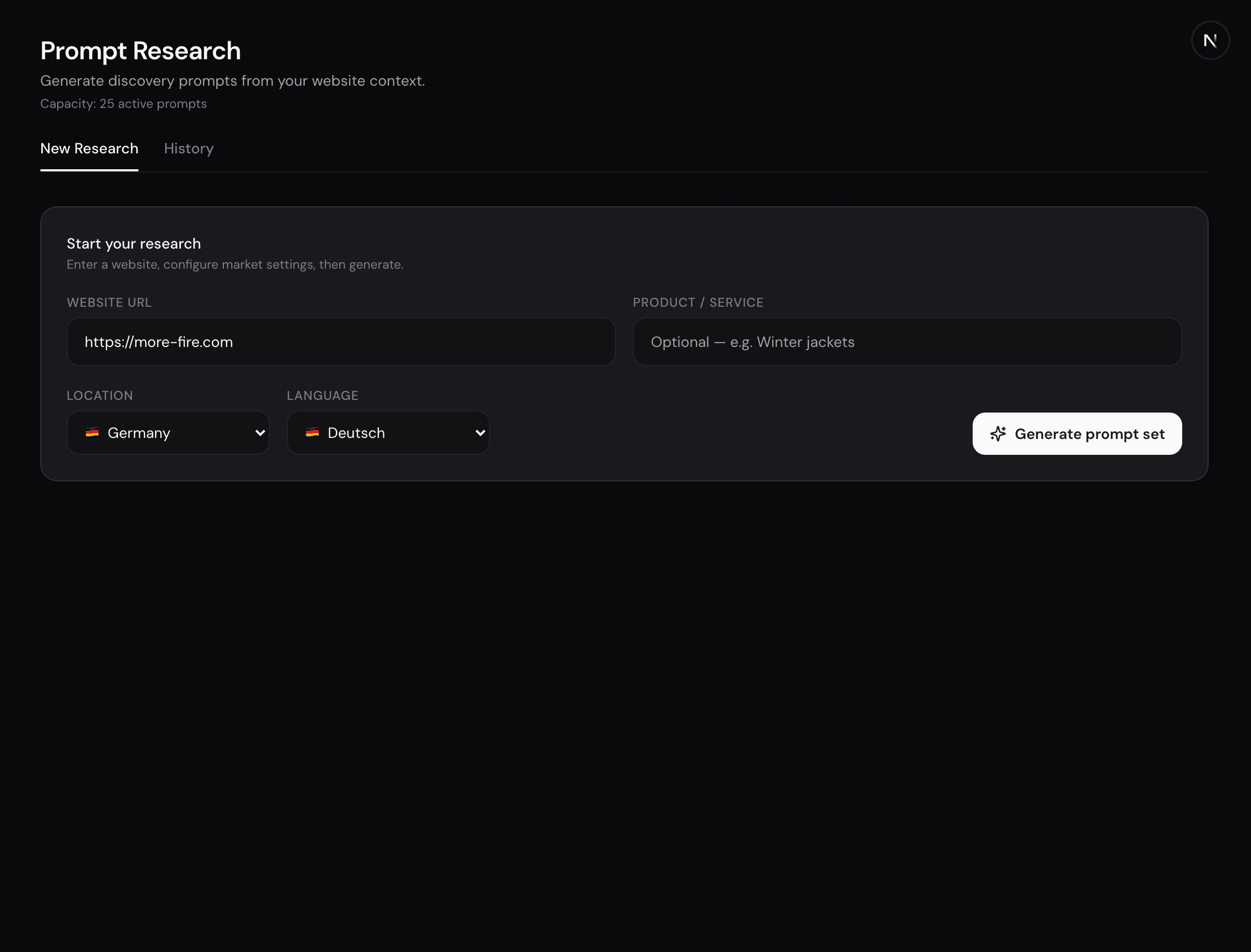 Prompt Research Seite im Dashboard