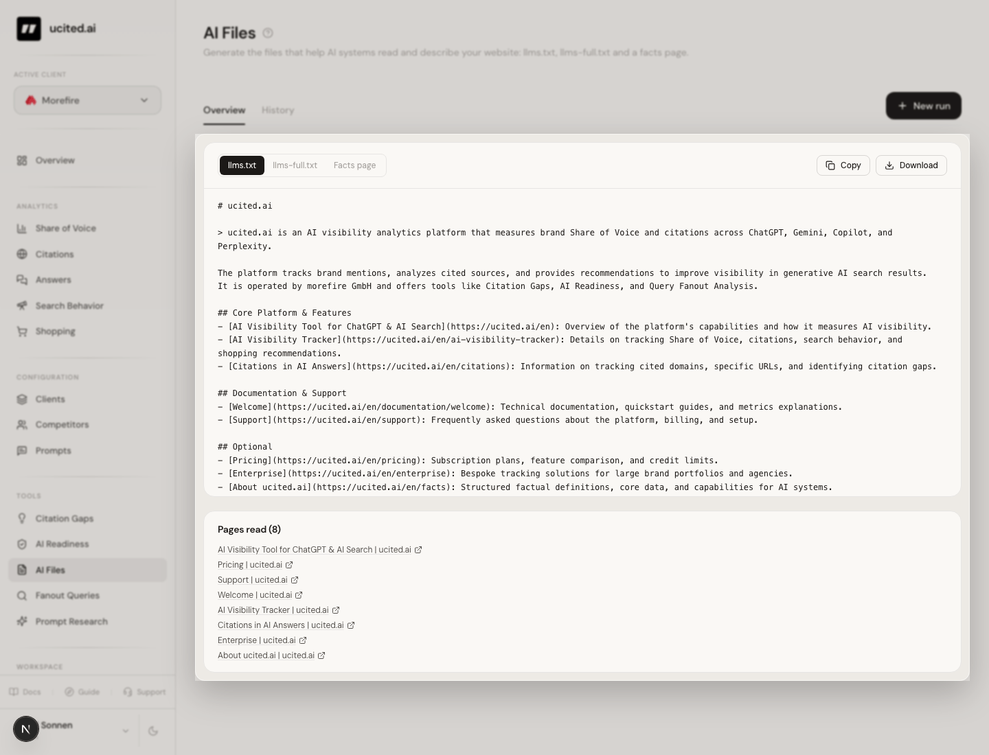 AI-Files-Werkzeug im ucited.ai Dashboard mit fertig kuratierter llms.txt