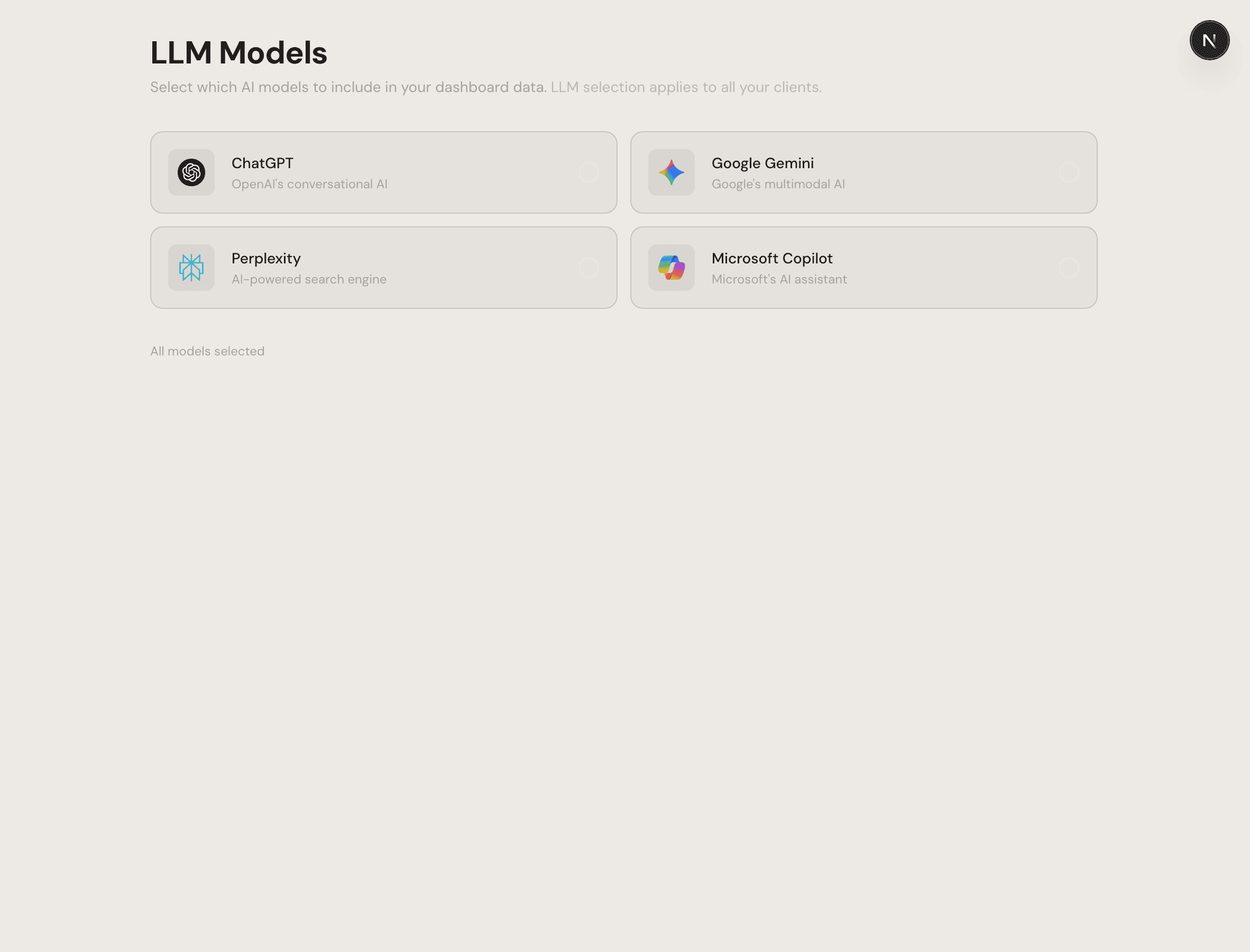 KI-Modelle Auswahl im Dashboard