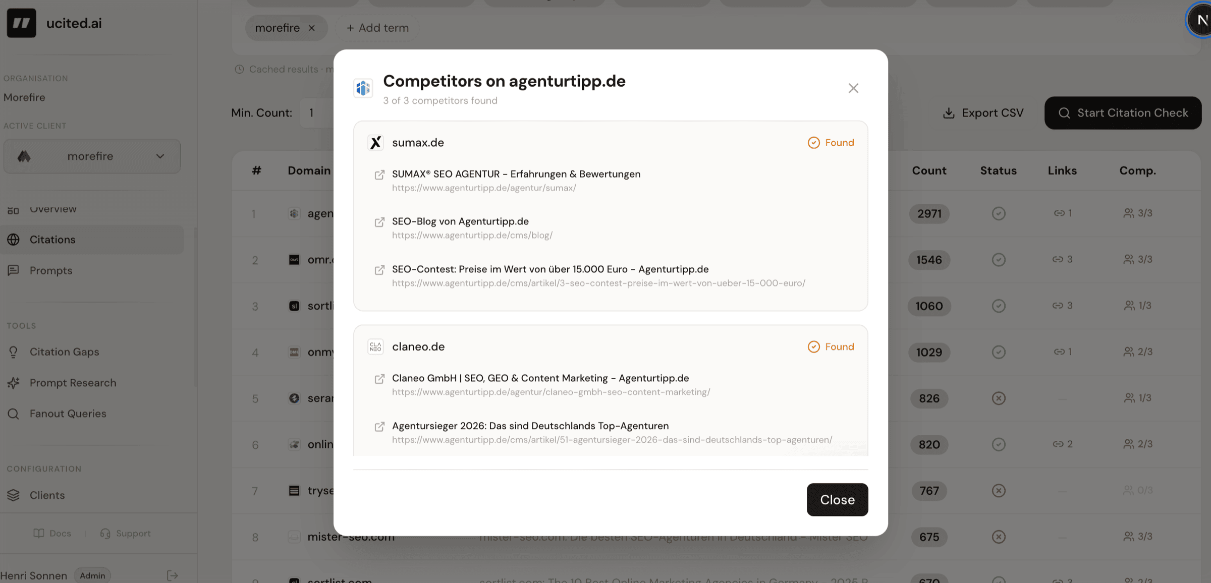 Competitor Mentions Dialog in der Citation-Tabelle