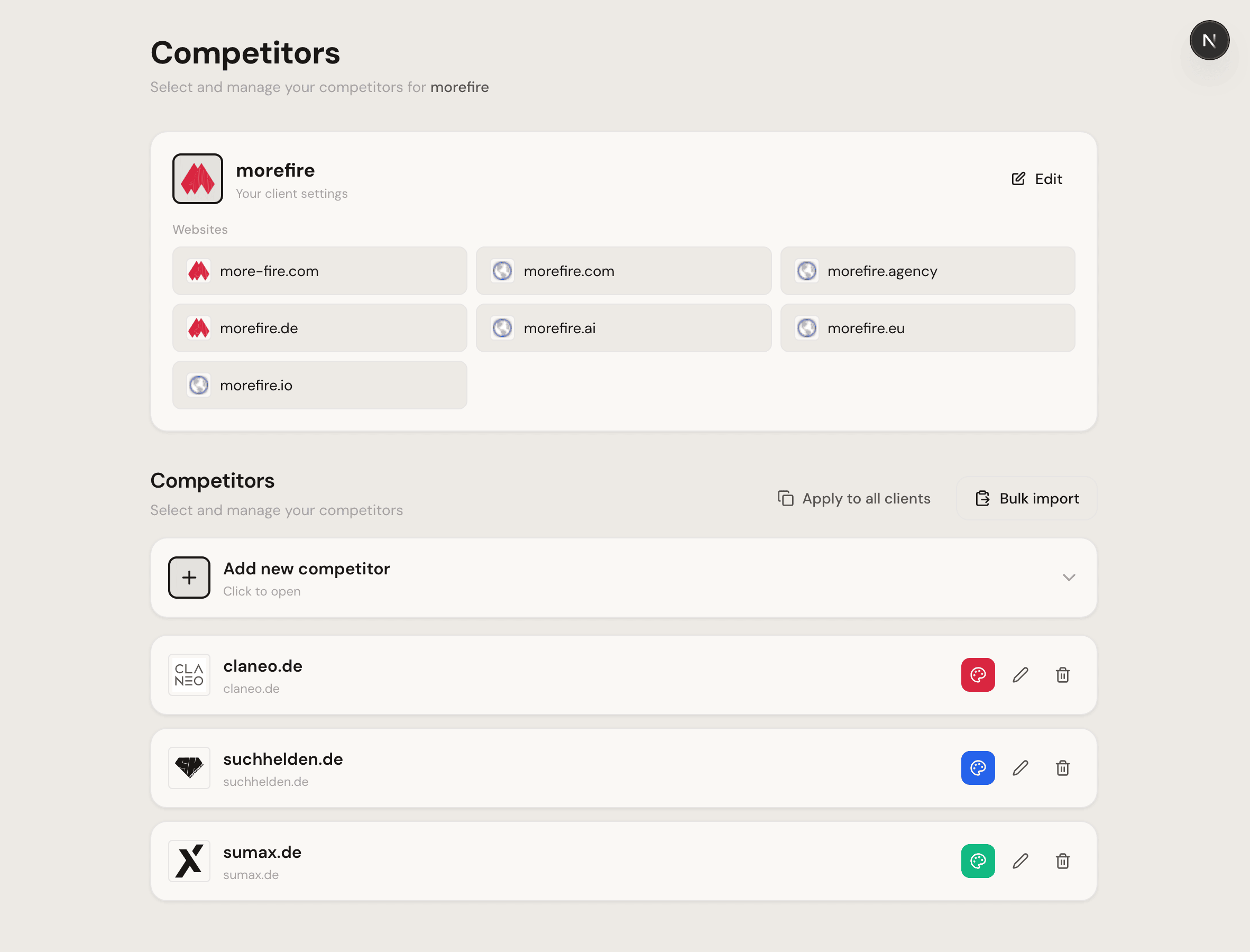 Competitors-Seite im Dashboard