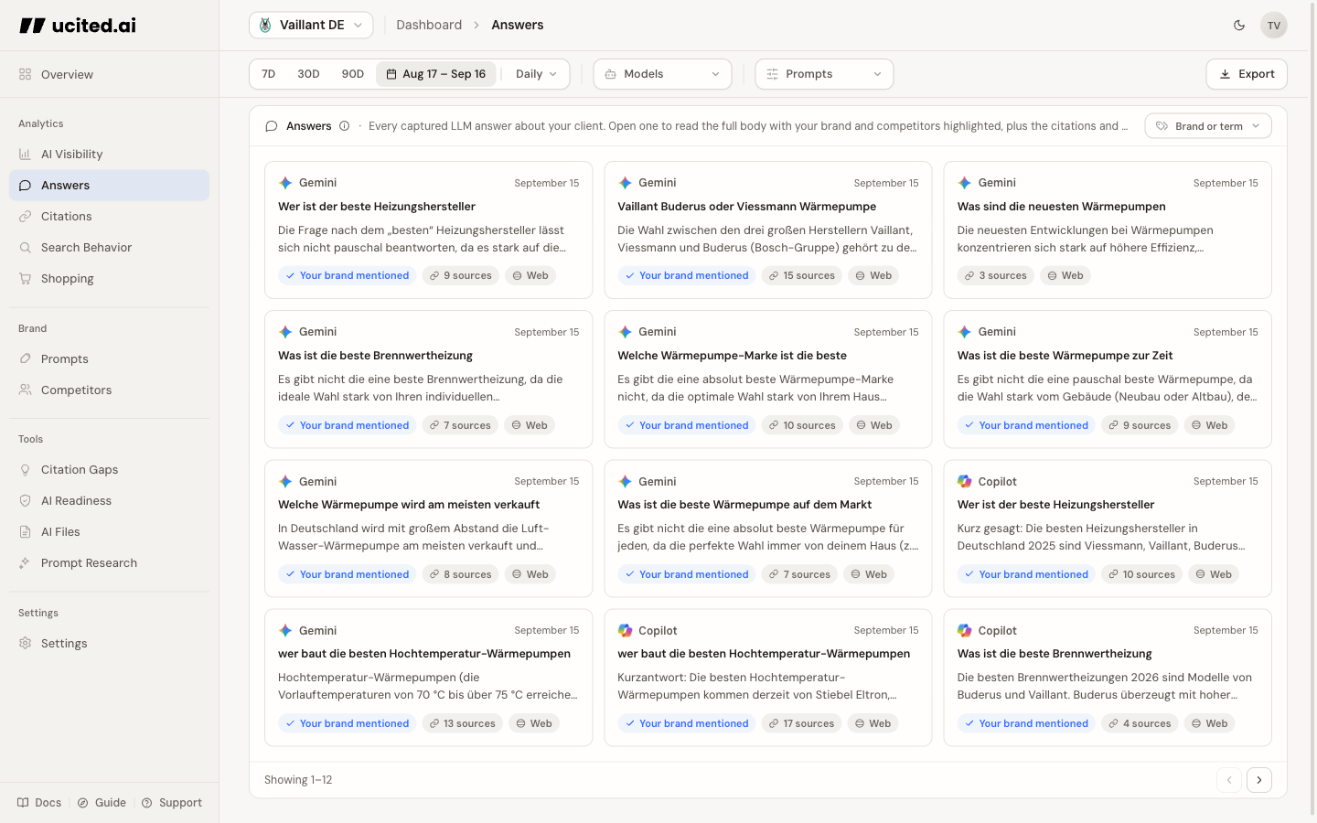 The Answers page: a grid of recent AI answers