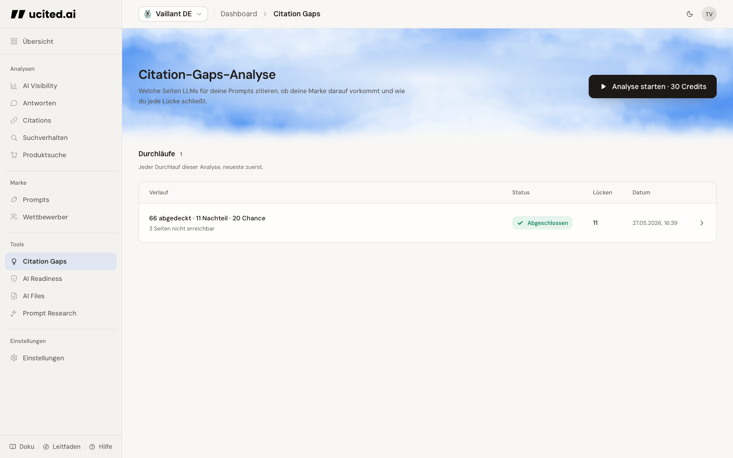 Citation Gaps Seite im Dashboard