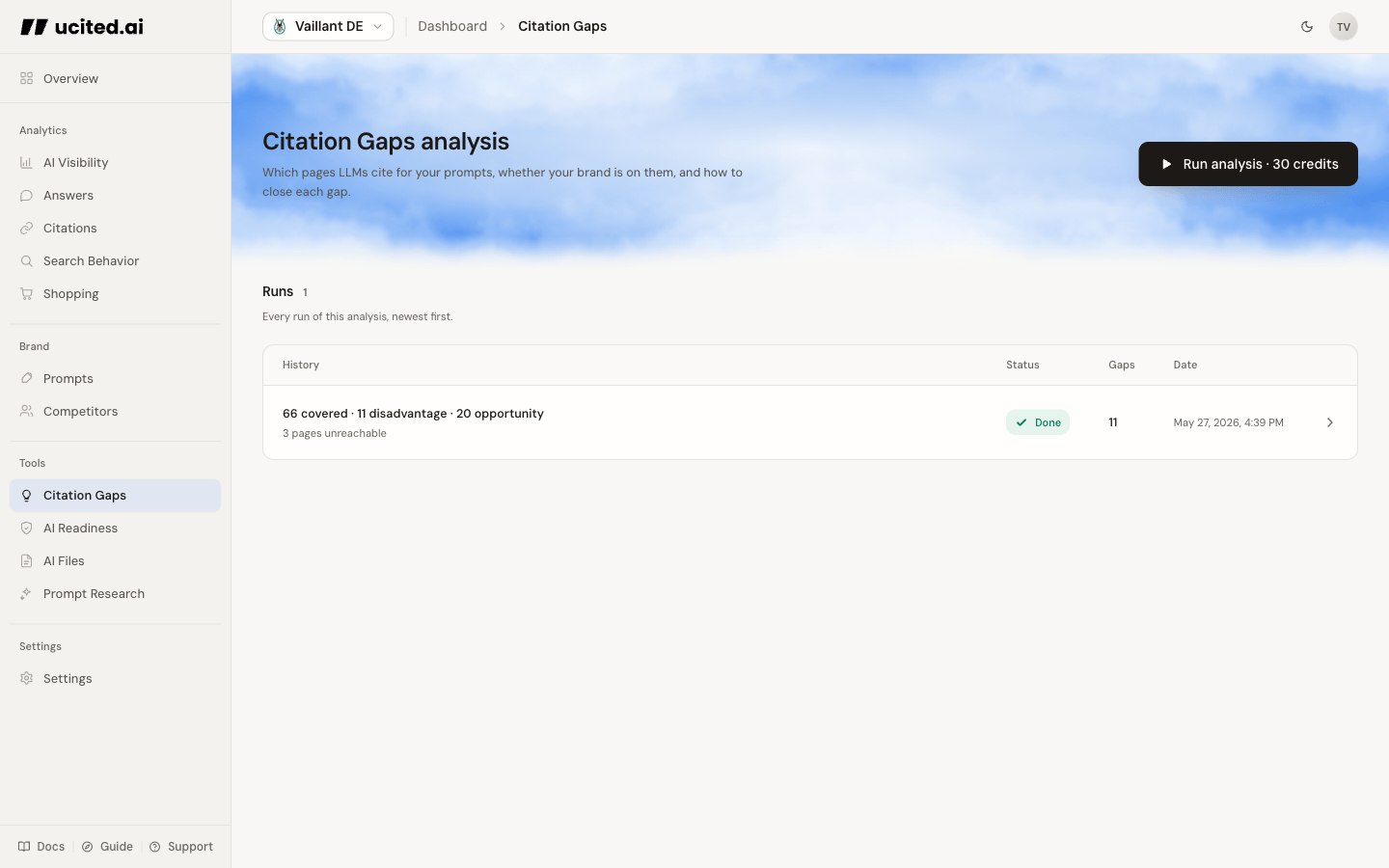 Citation Gaps page in the dashboard