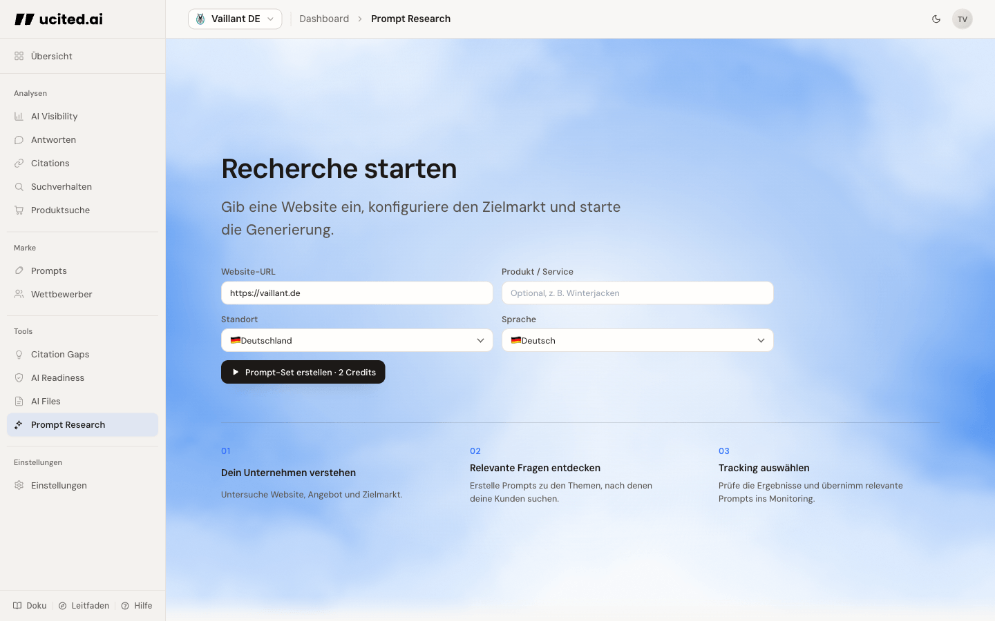 Prompt Research Seite im Dashboard