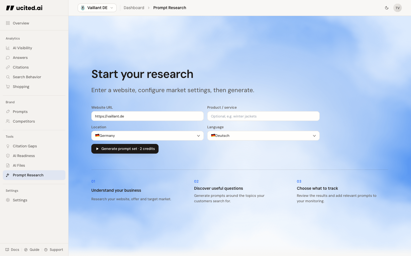 Prompt Research page in the dashboard