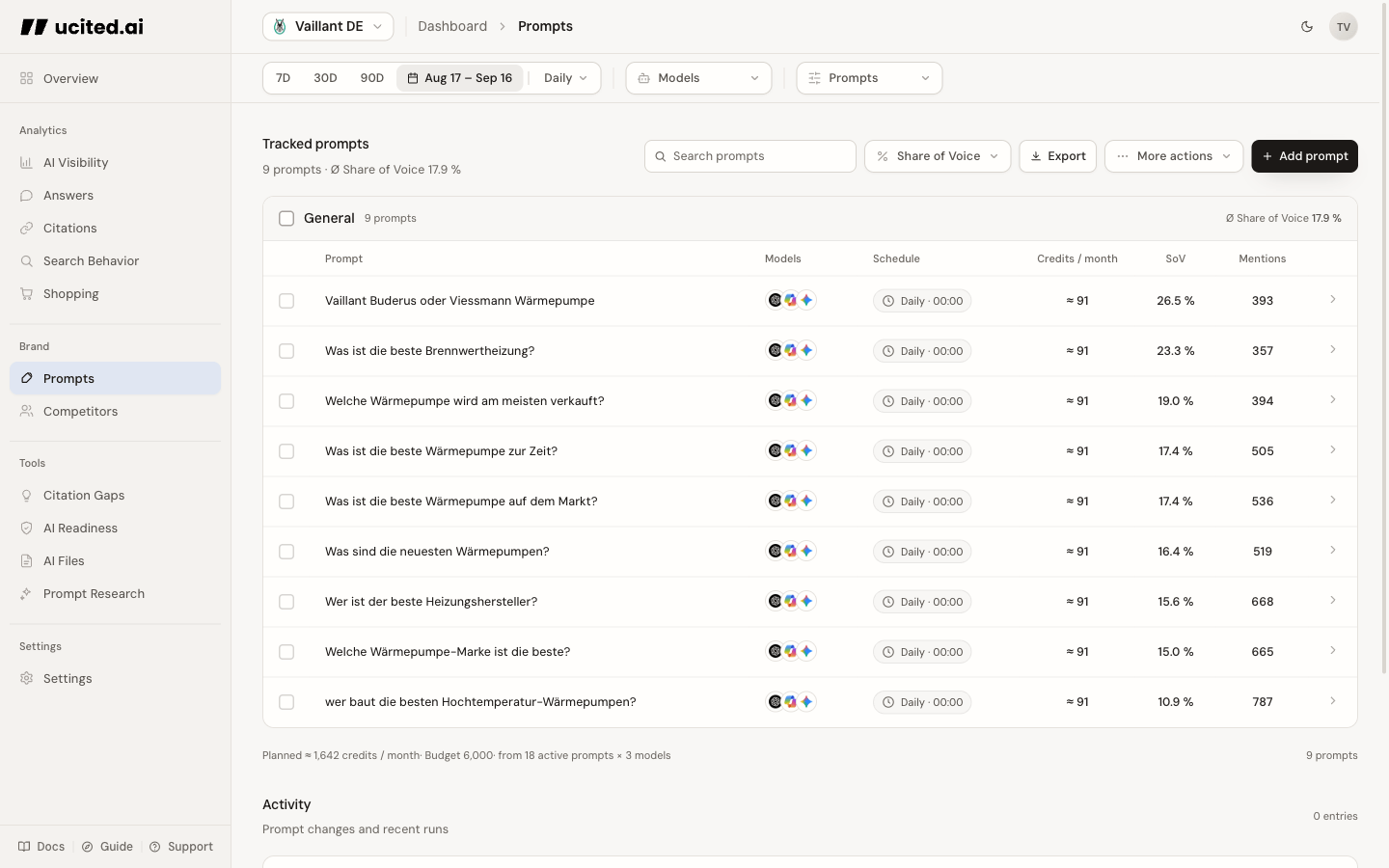 Prompts page in the dashboard · Vaillant