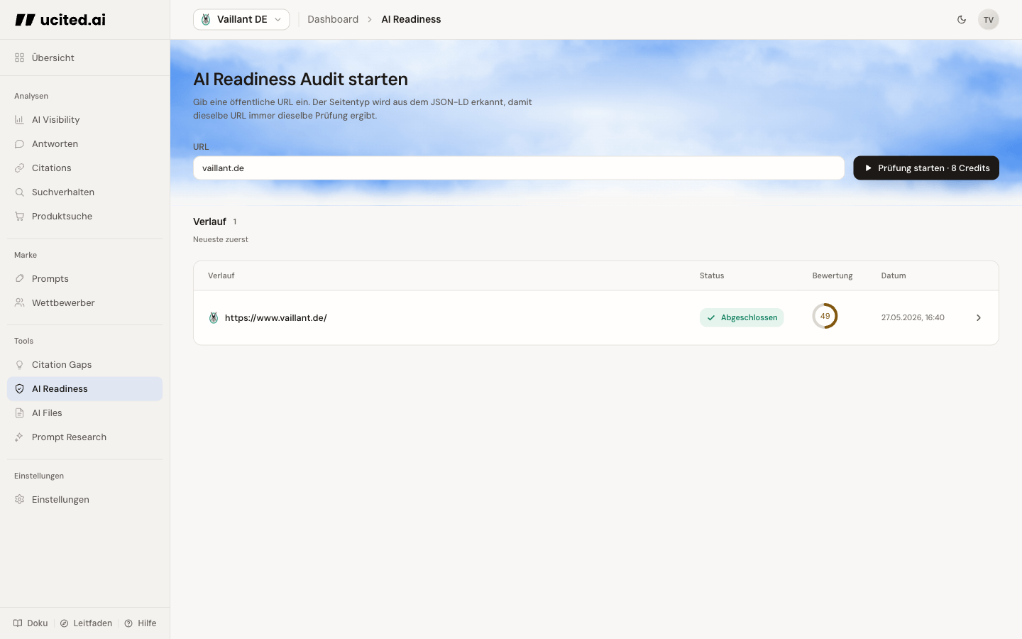 Startansicht von AI Readiness · Vaillant