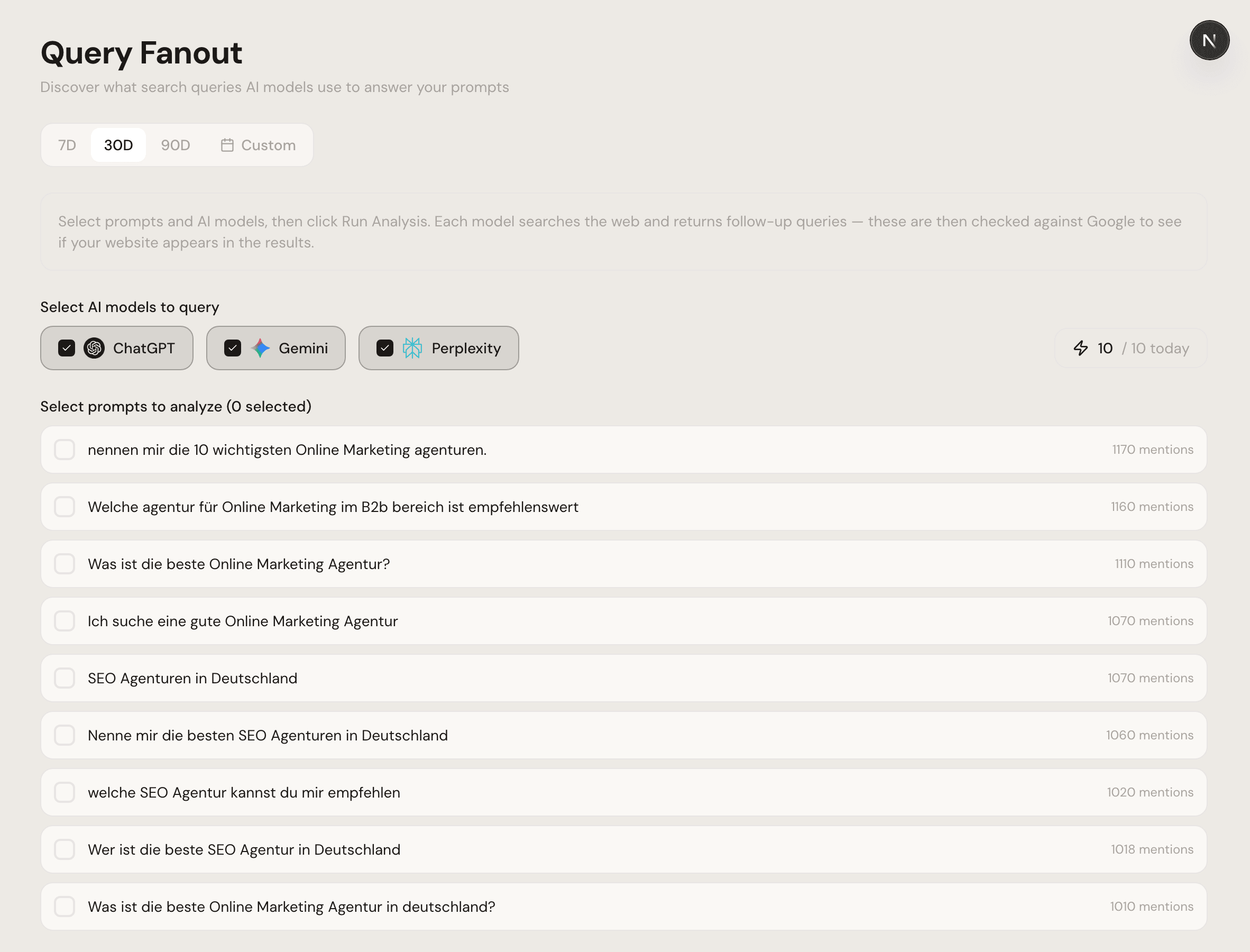 Fanout Queries Seite im Dashboard