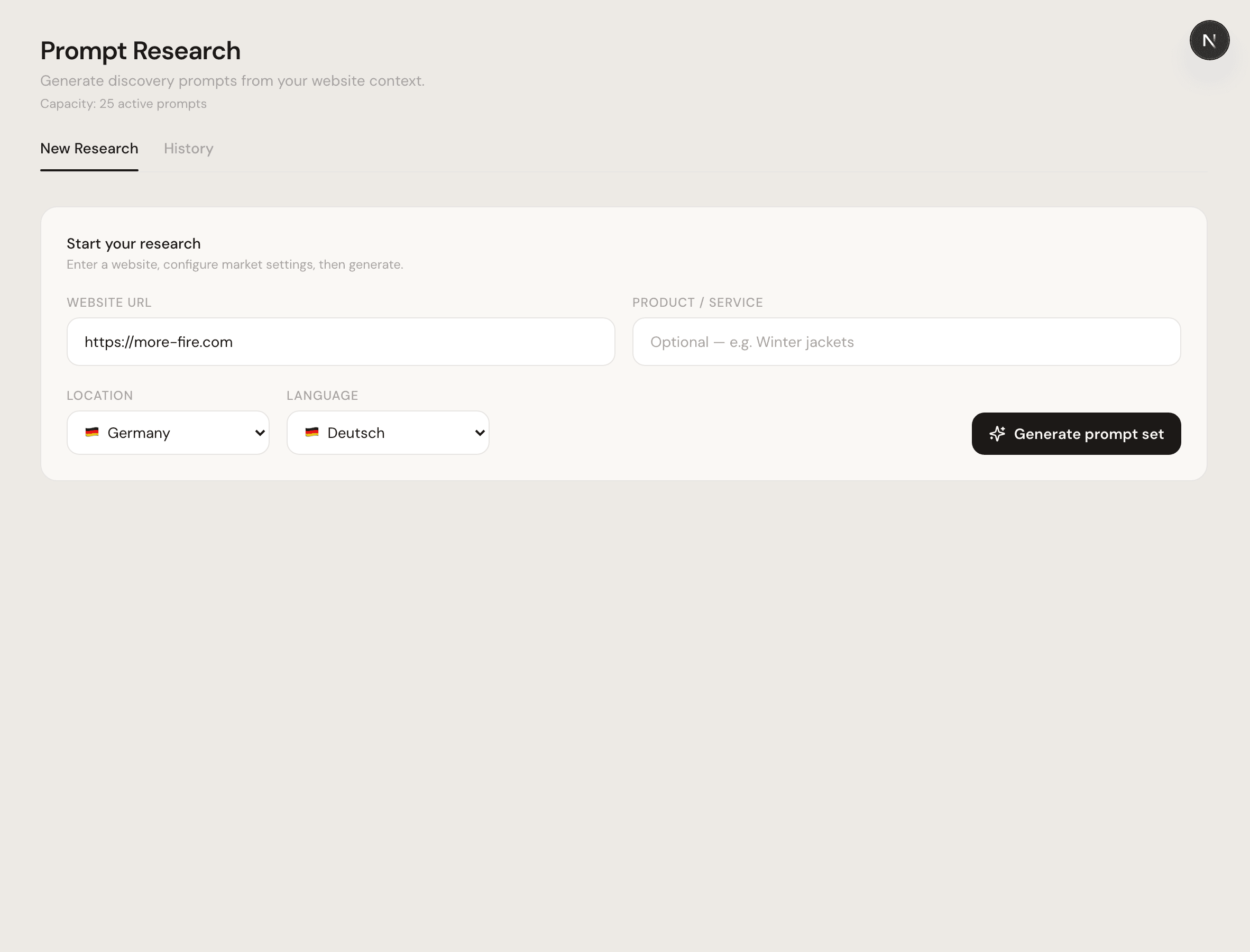 Prompt Research Seite im Dashboard