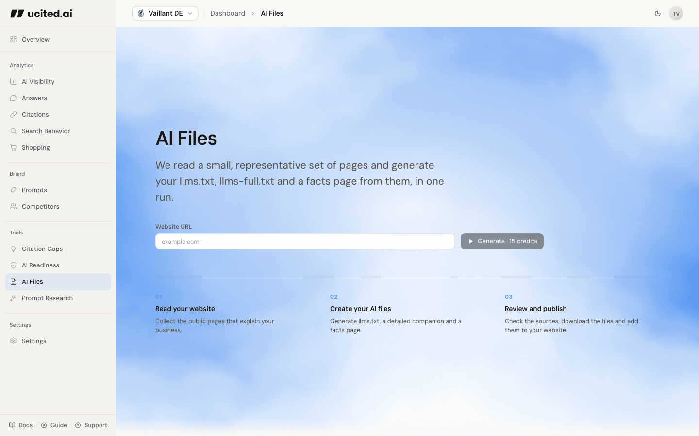 AI Files: website analysis in the dashboard