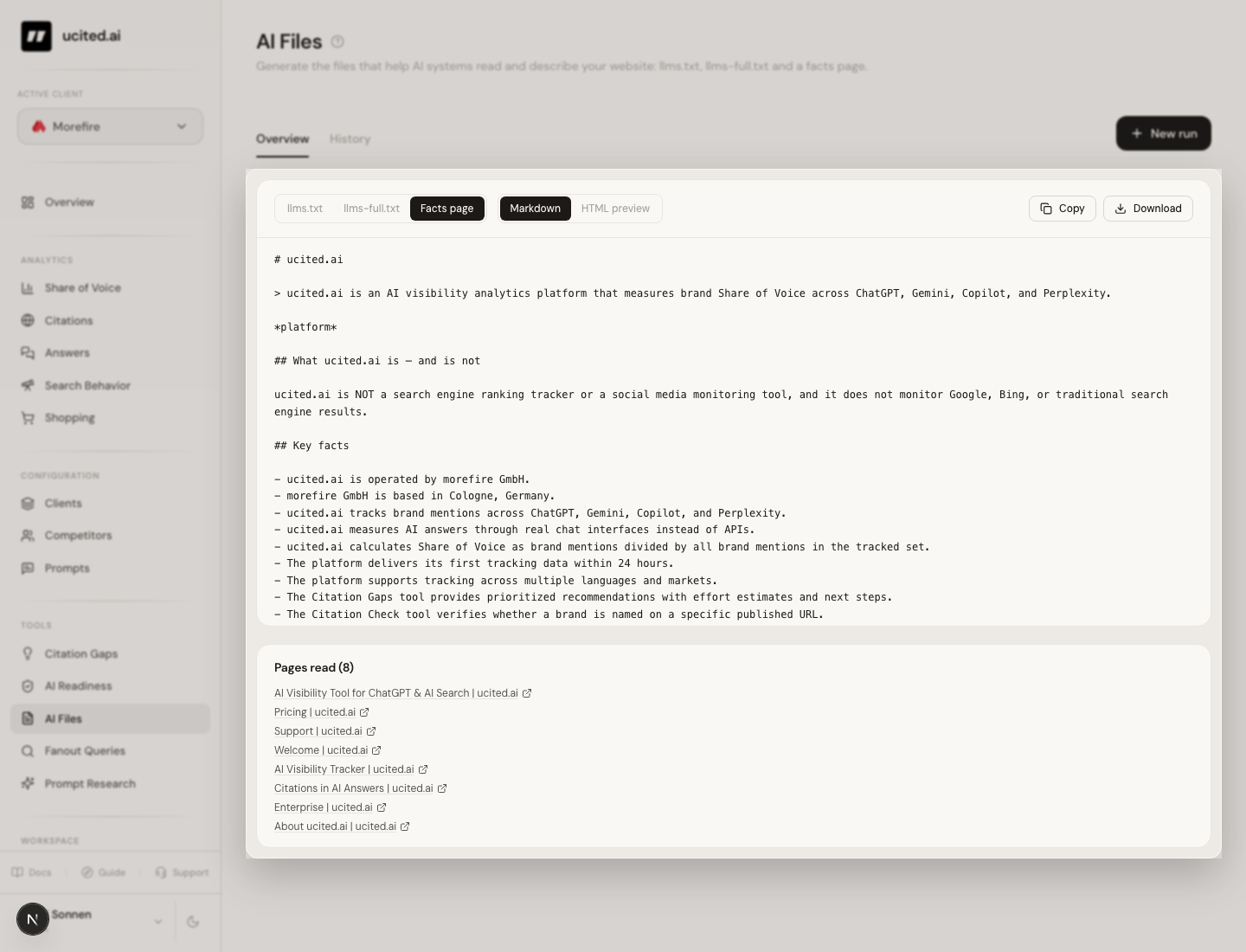AI Files tool in the ucited.ai dashboard with a generated facts page