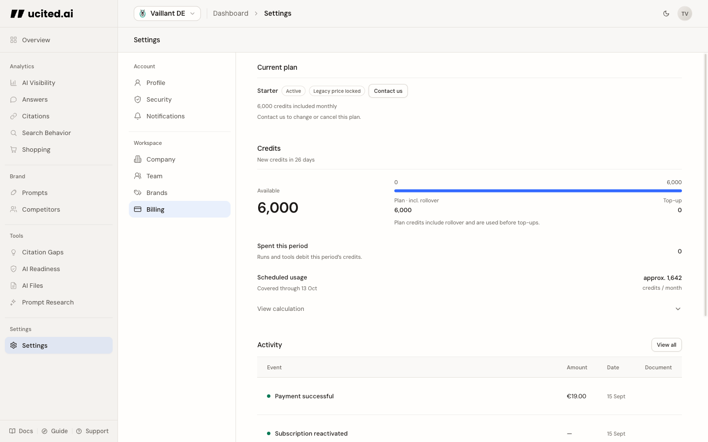 Billing settings in the redesigned workspace · Vaillant